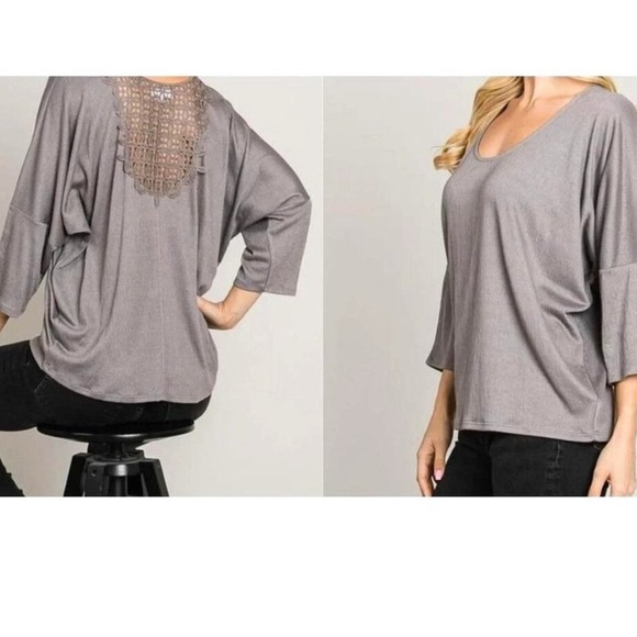 Cerule Gray Crinkle Knit Lace Back Top | Relaxed Fit Soft NWT XL - Picture 8 of 8